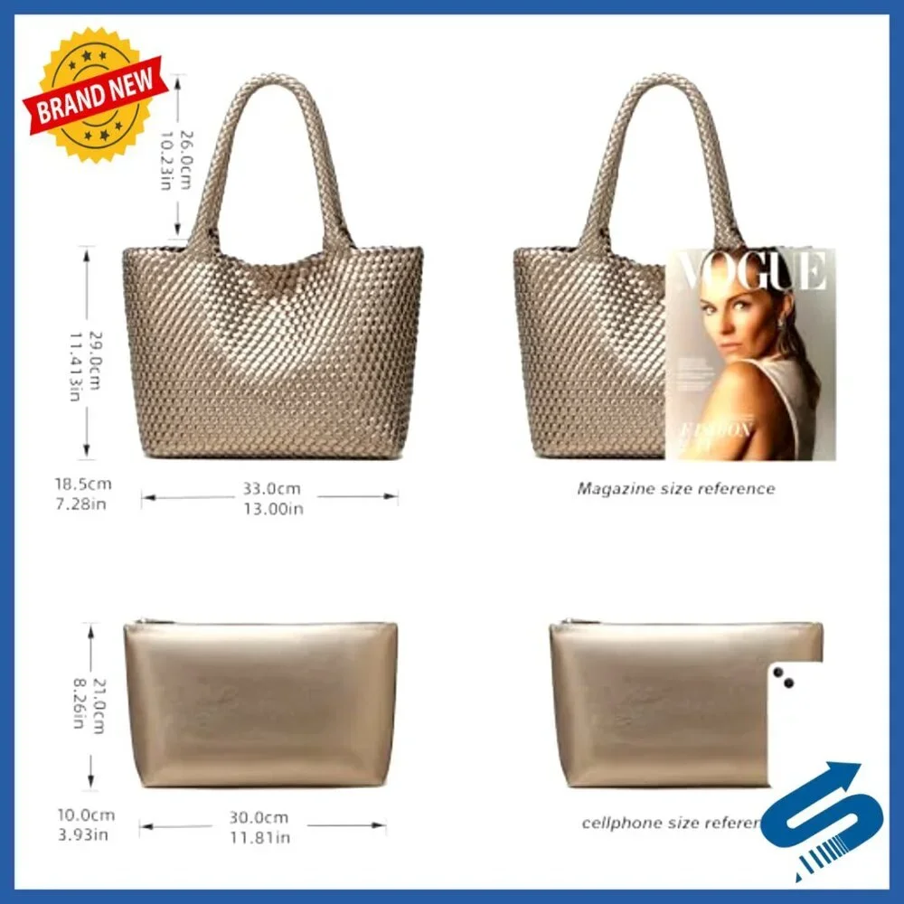 Vegan Leather Woven Tote Bag Large Travel Beach Shoulder Handbag Satchel
